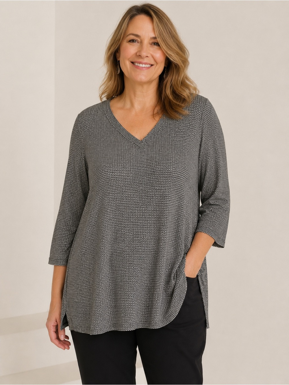 J. Jill wearever stretchy jersey knit top size 3X 3/4 sleeves v neck black plaid